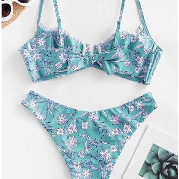 NWT ZAFUL Women's Underwire Bikini Floral High Cut Bikini Set V-Wired Two Piece - Picture 6 of 8